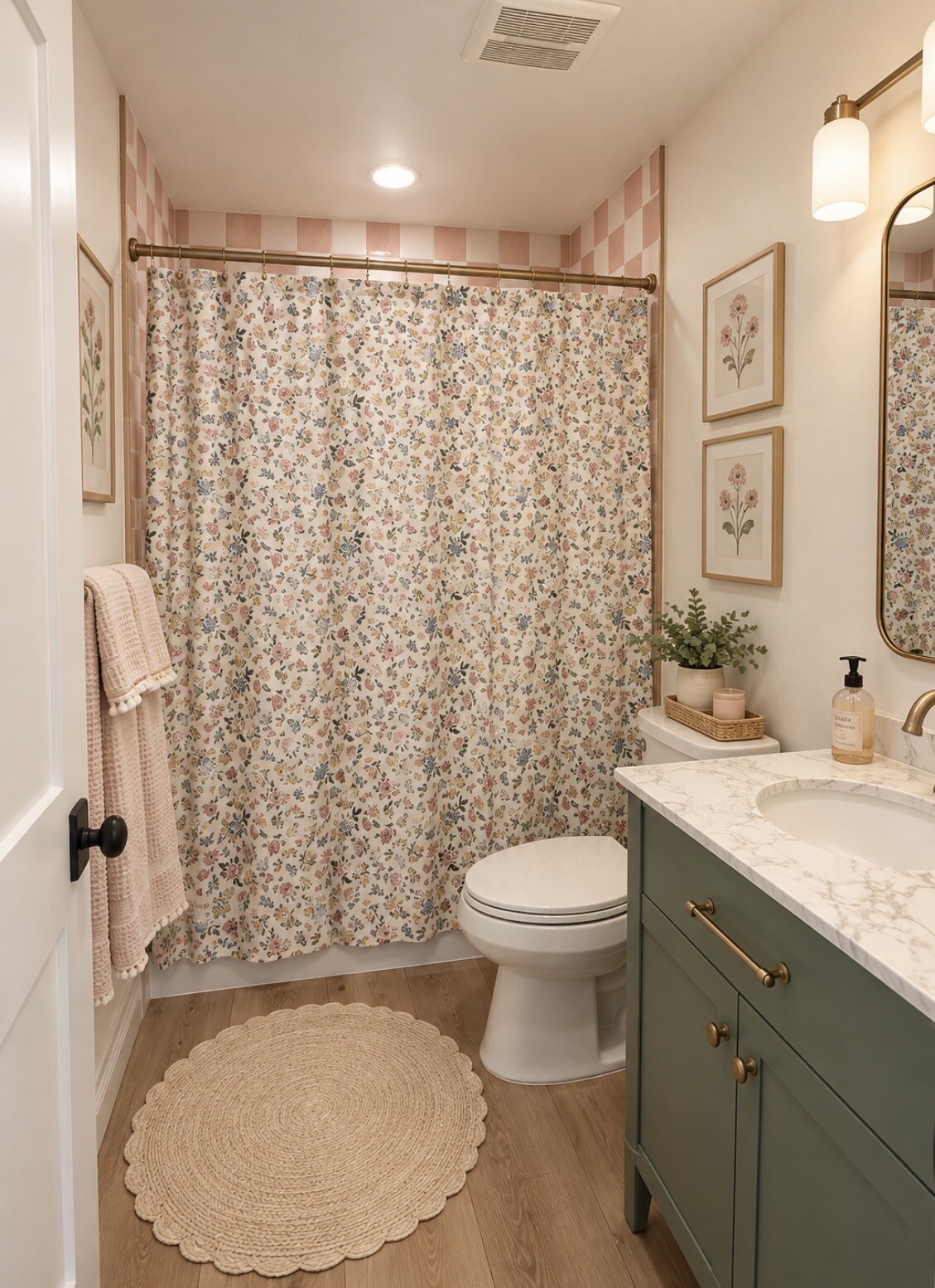 Guest bathroom with floral and pink tile details