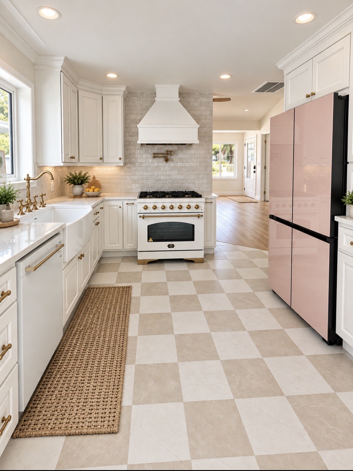 Bright renovated kitchen with pink refrigerator
